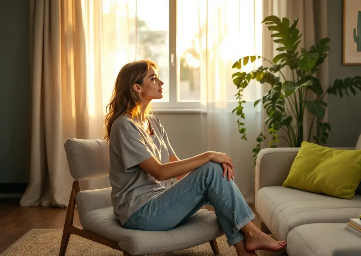 A woman sitting in a chair by a sunny window at home, relaxed and looking outside