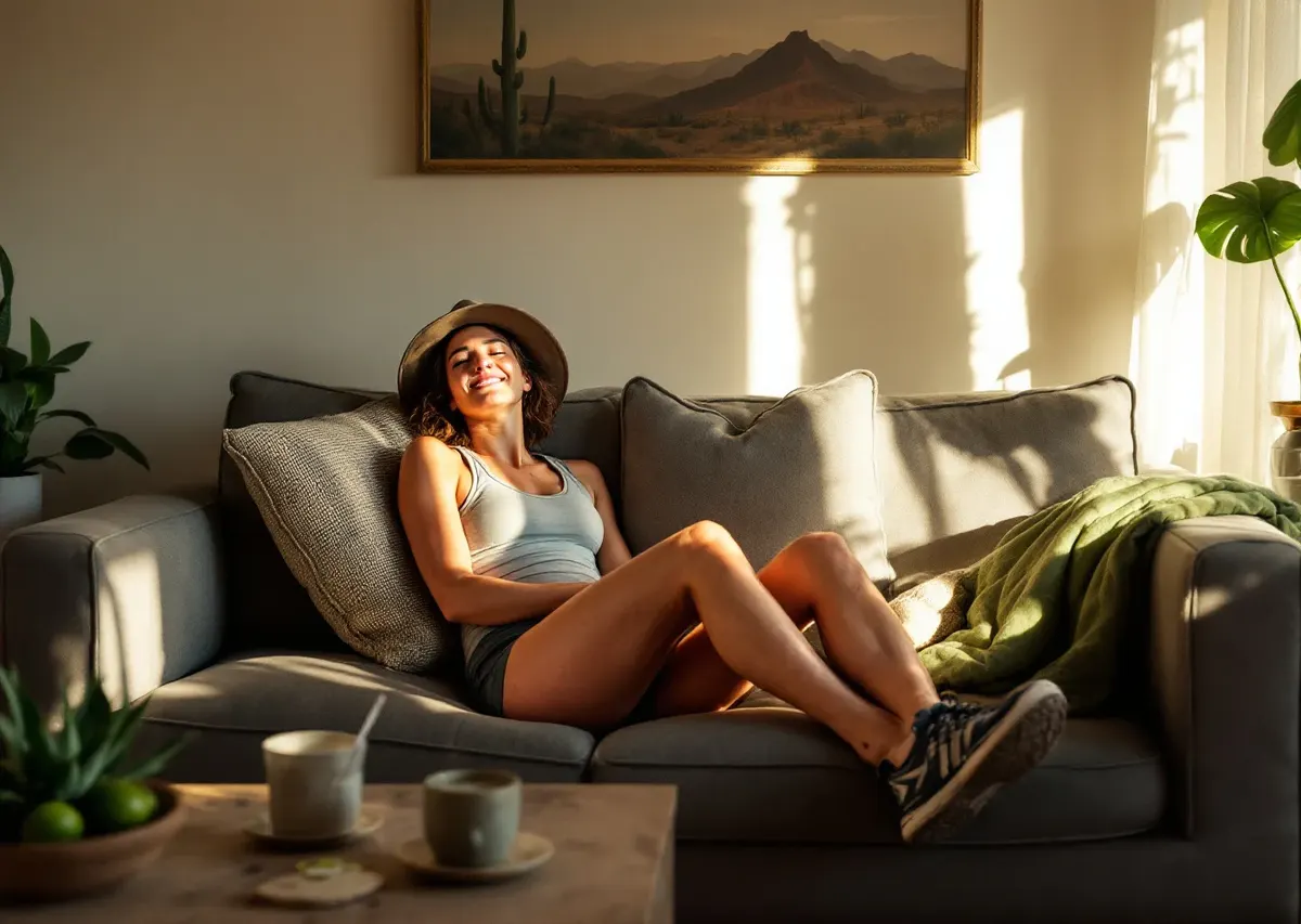 A smiling woman in a hat and trainers stretched out on the sofa after a day outside