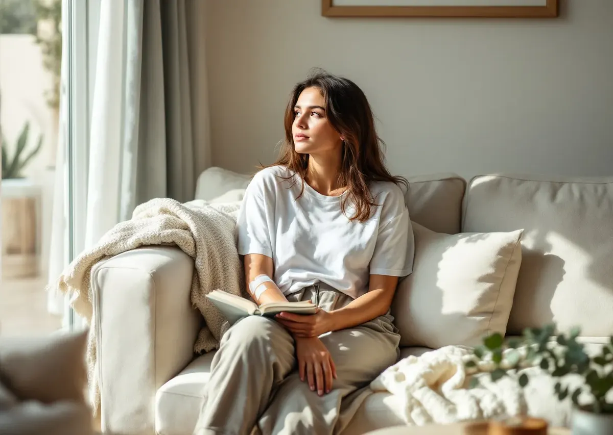 A woman resting on a white sofa at home with a book, a small dressing on her wrist after her drip