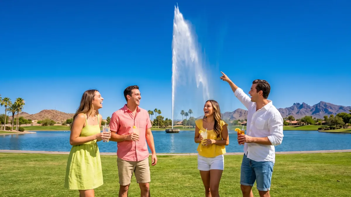 Friends on the lawn at Fountain Park in Fountain Hills watching the fountain jet rise above the lake