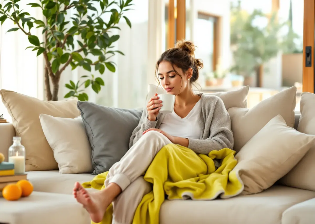 A woman curled on a sunlit sofa with a warm drink and a yellow blanket, resting at home